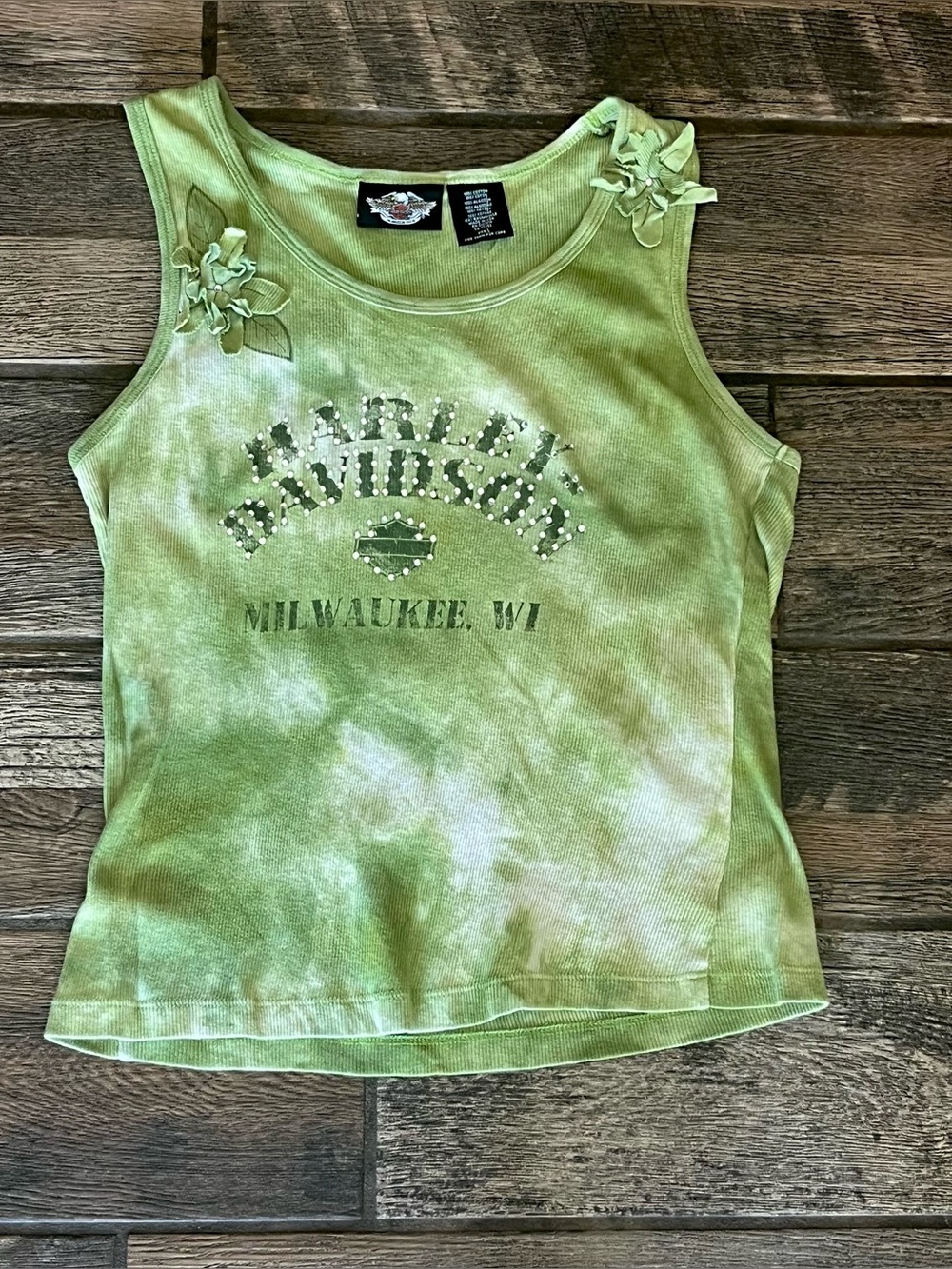 Harley Davidson tie dye and rhinestones rib knit tank top L